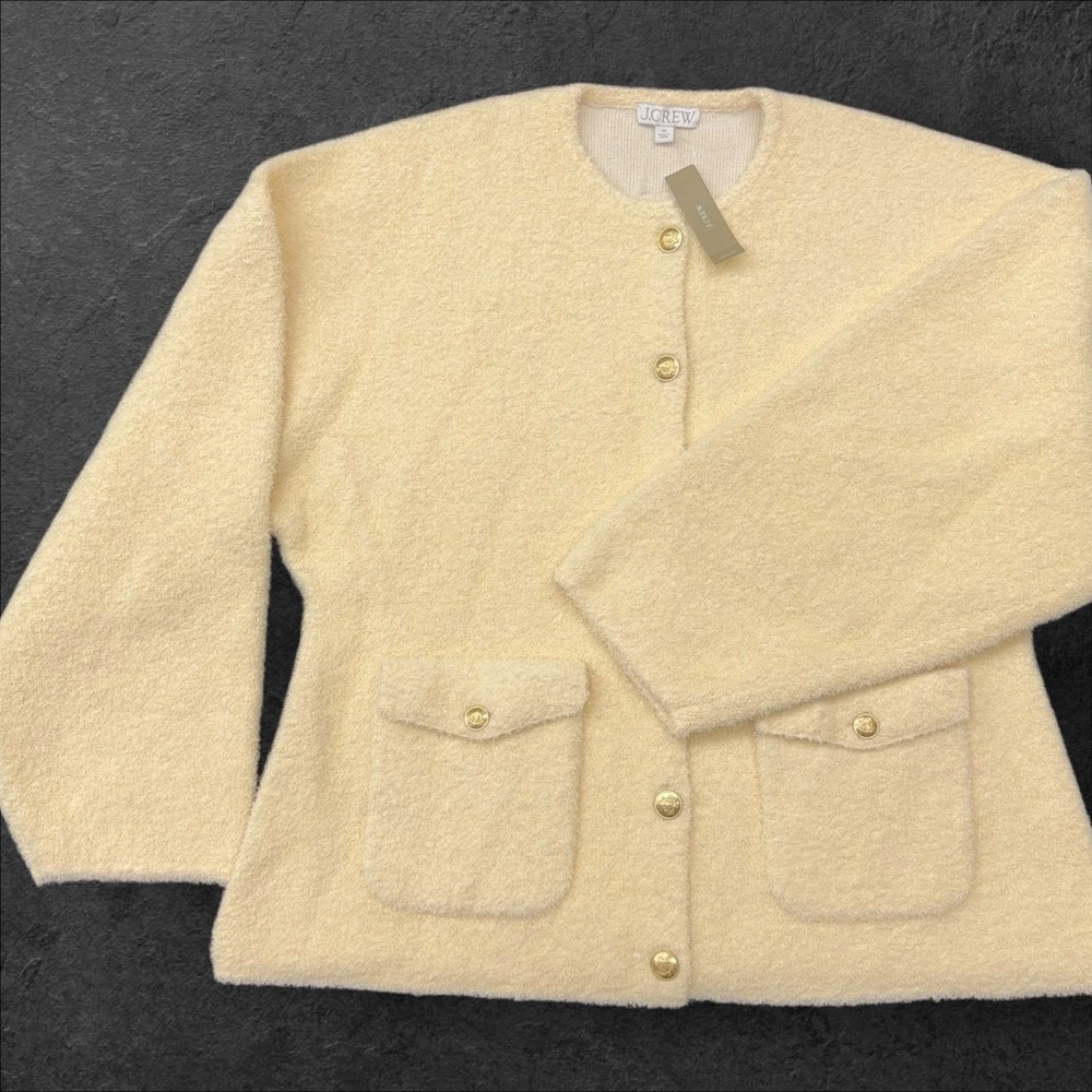 Crew Cinched-Waist Sweater-Jacket Cream 2X NWT CG790 Gold Buttons Bouclé‎ Knit